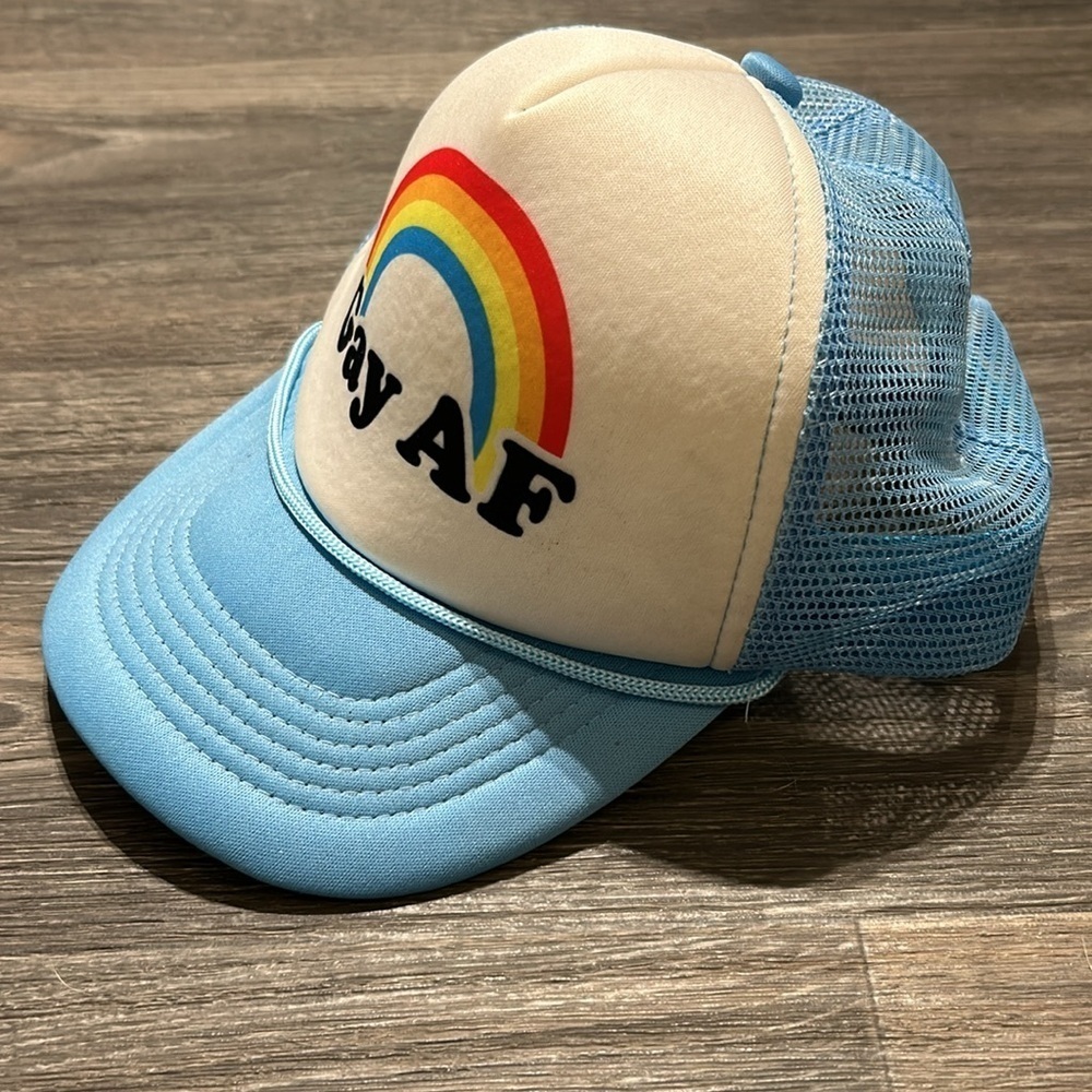 Gay AF Pride Blue Rainbow Trucker Hat Foam Snapback Adjustable By Headline Y2K - Picture 2 of 6